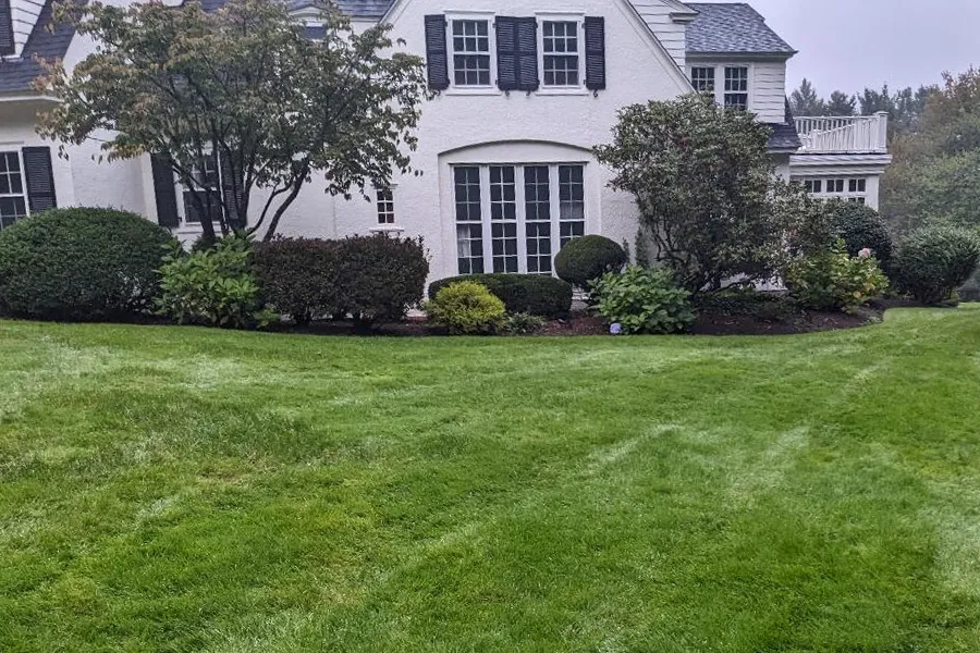 A two-story white house with lush green lawn