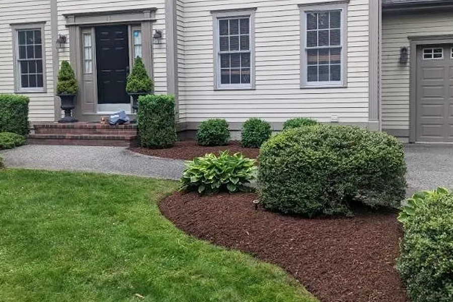 A well-maintained residential entryway featuring a fresh layer garden bed
